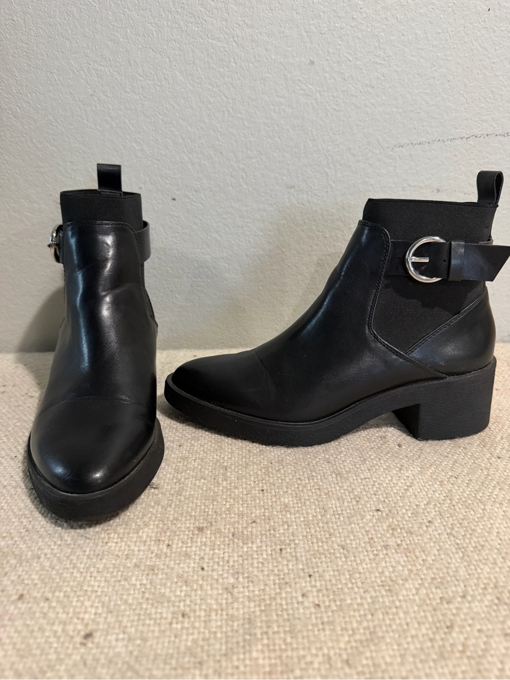 Zara Black Leather Ankle Boots with Silver Buckle